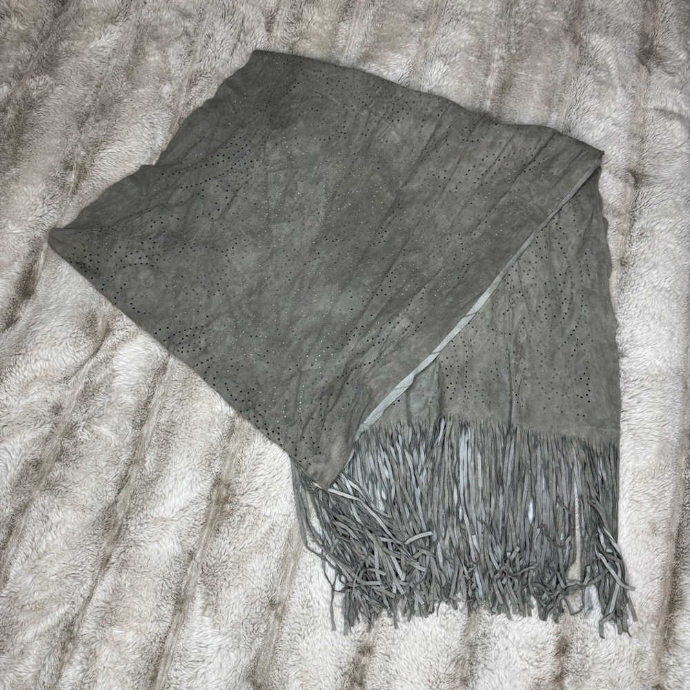 Gray Suede Laser Cut Scarf with Frindge